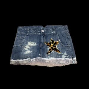 Reworked Denim Mini Skirt - Leopard Star Patch & Distressed Details